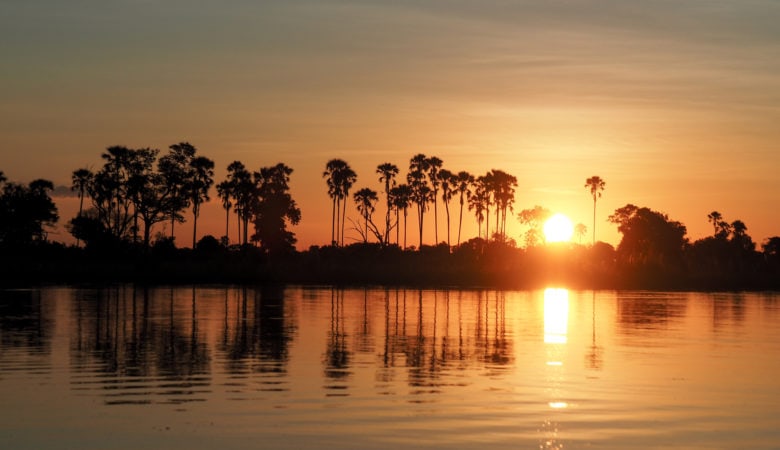 Couché de soleil sur le delta d'Okavango